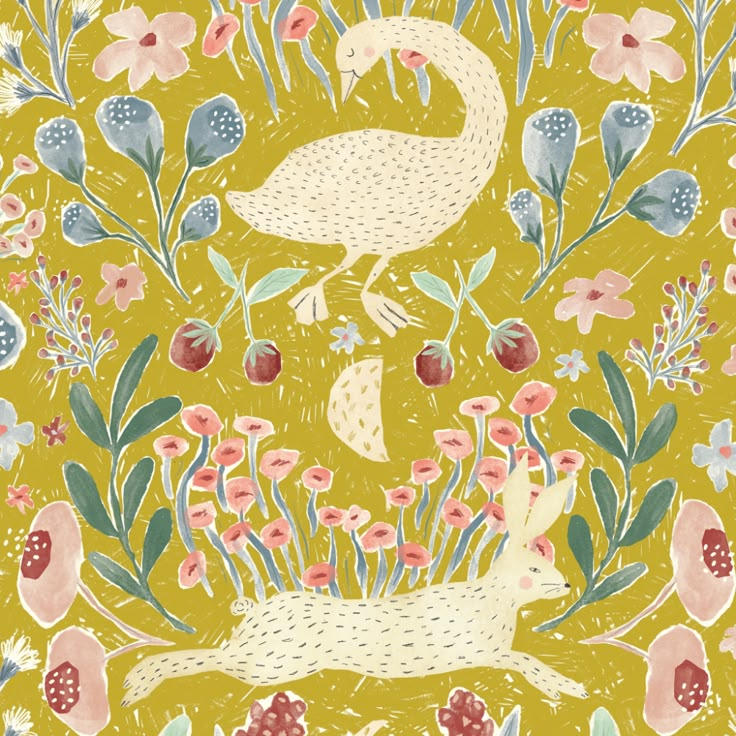 an illustration of birds and flowers on a yellow background