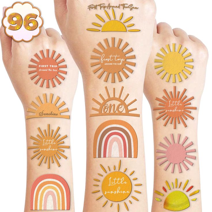 the sun and rainbow temporary tattoos on both arms are shown in three different colors, each with