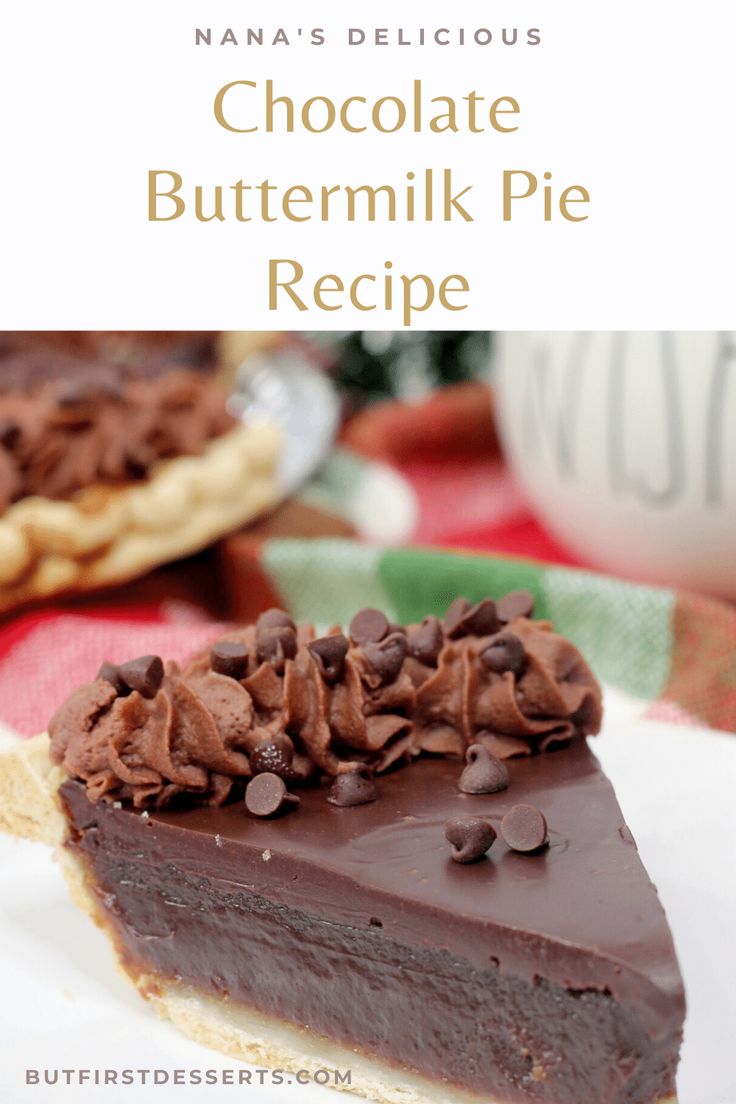 a slice of chocolate buttermilk pie on a plate with the title above it