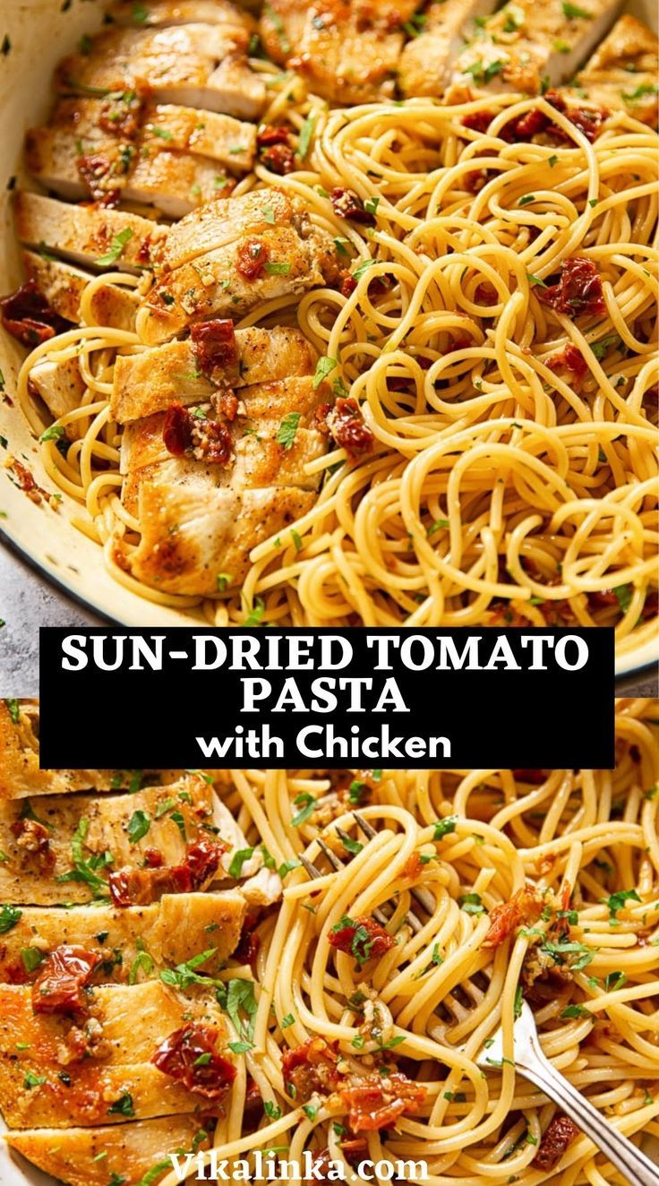 sun dried tomato pasta with chicken in a skillet