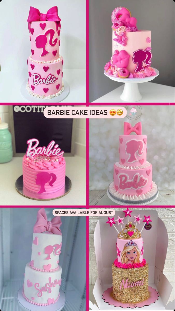 a collage of photos with pink and white cakes