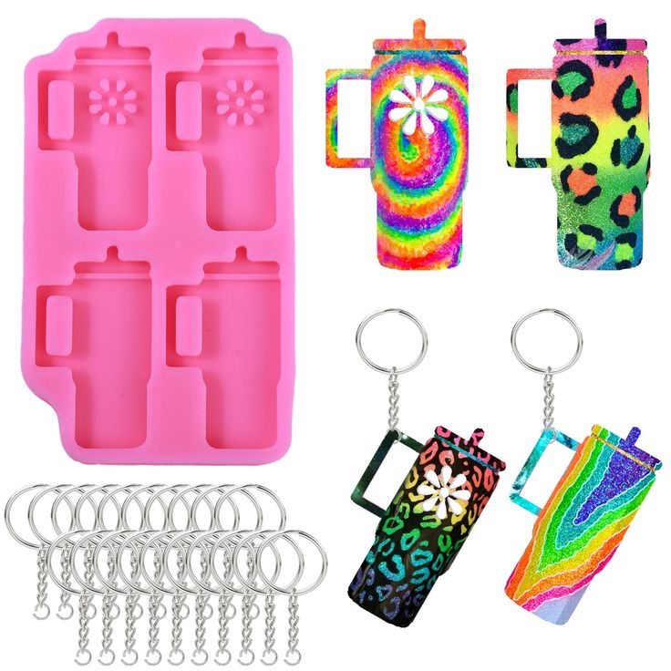 several different items are shown in this image, including an ice tray and keychain