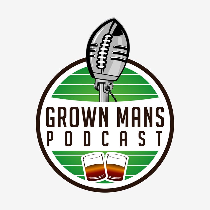 the grown man's podcast logo with two glasses of beer in front of it