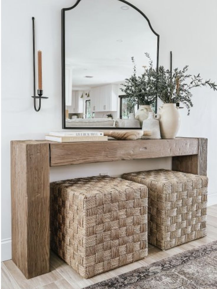 an image of a mirror and some stools in the living room with text overlay