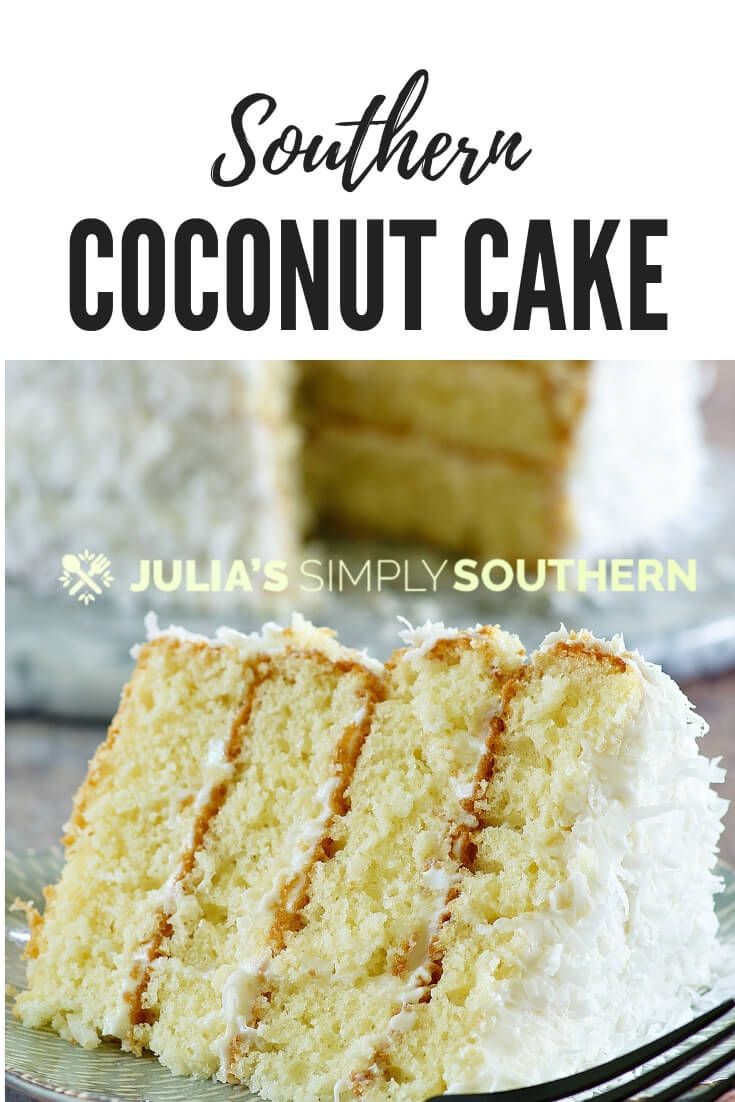 a close up of a slice of cake on a plate with the words southern coconut cake