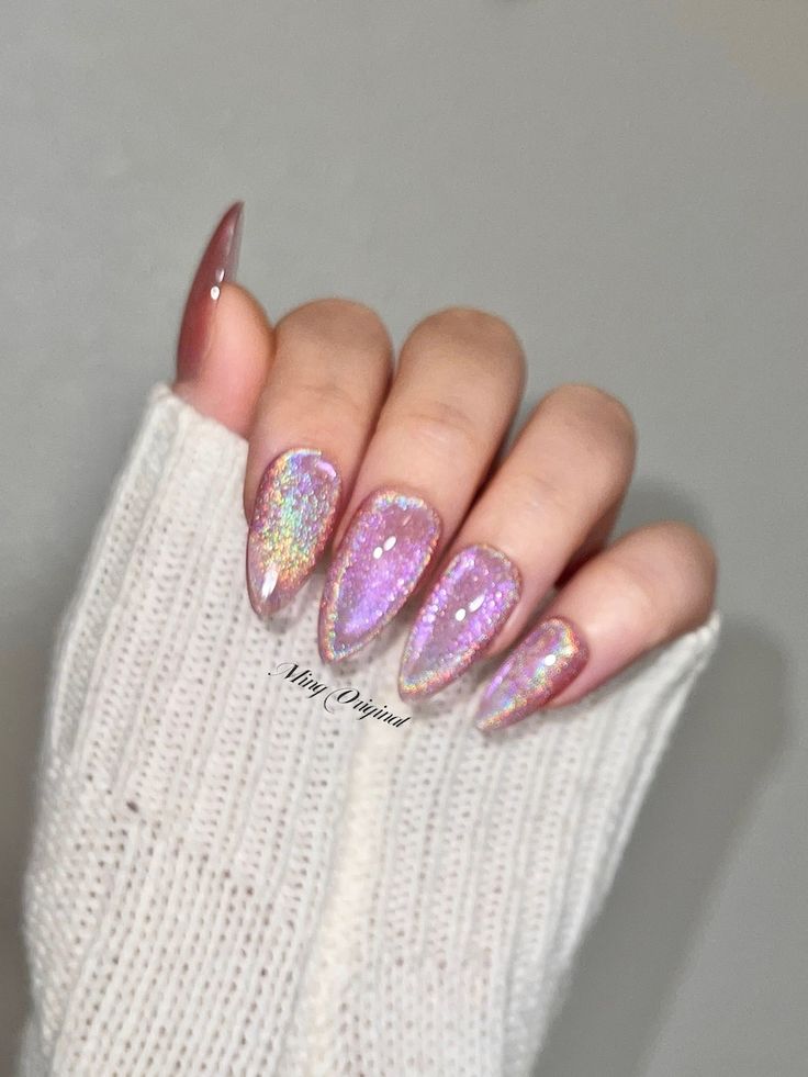 Pink Rainbow Cat Eye Holographic Magnetic Cotton Candy - Etsy Unicorn Inspired Nails, Holographic Pink Nails, Pink Holographic Nail Designs, Cat Eye Jelly Nails, Hot Pink Cat Eye Nails, Jelly Cat Eye Nails, Christmas Cat Eye Nails, Pink Cat Eye Nails, Hologram Nails