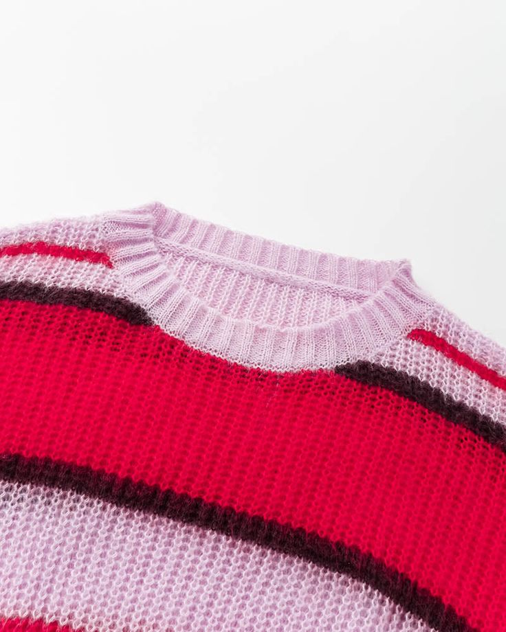 Details: Cropped sweater with candy-color stripes designTop Length: Cropped Sleeve Length: Long Sleeves Materials: 100% Acrylic Trendy Striped Sweater With Ribbed Cuffs, Trendy Crew Neck Sweater With Contrast Stripes, Striped Sweater With Ribbed Collar, Casual Striped Color Block Sweater, Casual Striped Sweater With Ribbed Collar, Knit Crew Neck Sweater With Contrast Stripes, Knit Sweater With Contrast Stripes Crew Neck, Striped Color Block Tops For Winter, Winter Knit Tops With Contrast Stripes