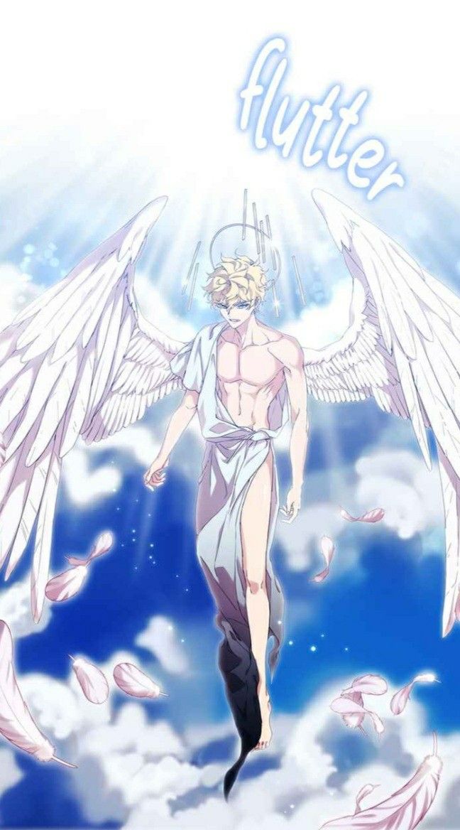 an anime character with angel wings flying through the air, and clouds in the background