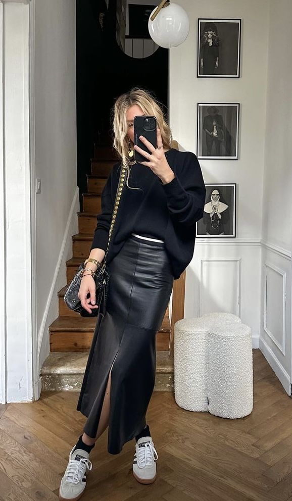 Leather Skirt And Trainers Outfit, Midi Skirt Turtleneck Outfit, Long Pencil Skirt Outfits Winter, Black Leather Skirt Casual Outfit, Skirts Outfits For Winter, Mid Leather Skirt Outfit, Sweater Leather Skirt Outfit, Black Faux Leather Midi Skirt Outfit, How To Style A Long Leather Skirt