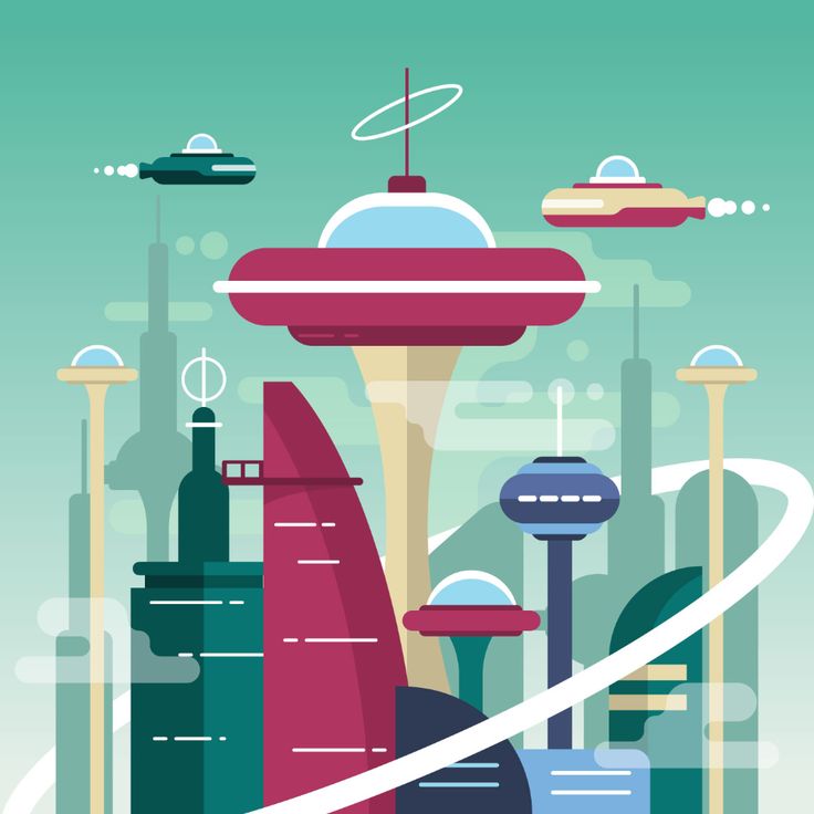 an image of a futuristic city with lots of tall buildings and flying saucers in the sky