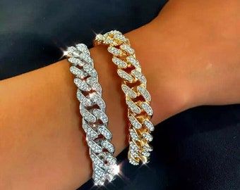 Iced Out Cuban Link Chain, Link Chain Bracelet, Jewelry Model, Crystal Chain, Gold Plated Bracelets, Cuban Link Chain, Rhinestone Bracelet, Cuban Chain, Cuban Link