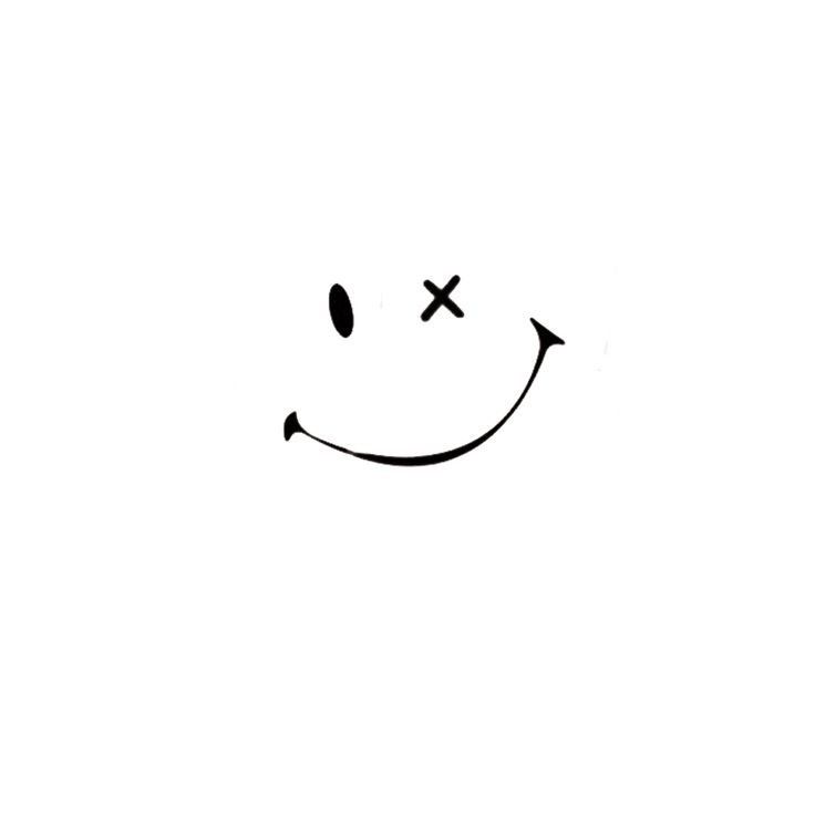 a black and white drawing of a smiley face with an x on it's forehead