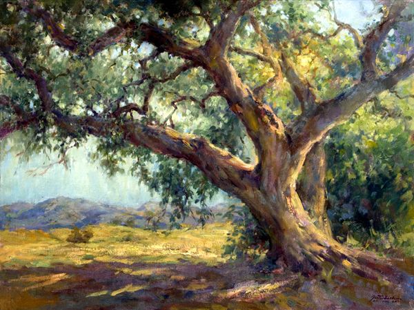 an oil painting of a large tree in the middle of a field