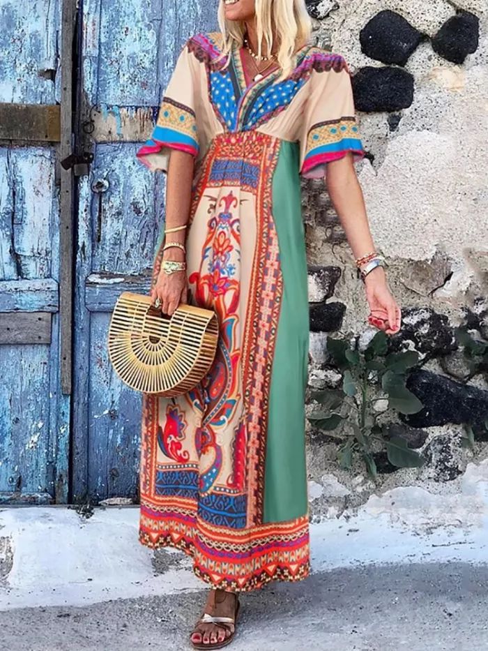 US$ 38.84 - Casual Bohemia Printed V Neck Vacation Maxi Dress - www.streetally.com Bohemian Printed Tunic Dress, Long Printed Hippie Dresses, Bohemian Printed Boho Dress With Short Sleeves, Bohemian Boho Dress With Printed Short Sleeves, Folk Style Floral Print Maxi Dress For Beach, Bohemian Short Sleeve Printed Dress, Bohemian Boho Dress With Short Sleeves And Print, Bohemian Boho Dress With Short Sleeves, Multicolor Folk Dress With Floral Print