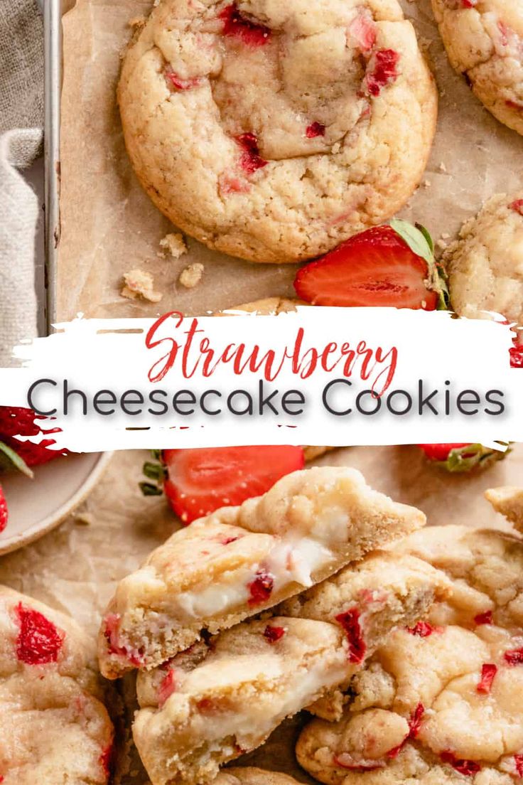 strawberry cheesecake cookies are stacked on top of each other