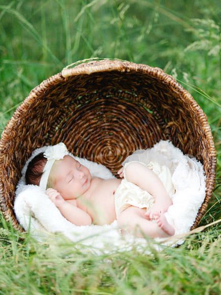 a baby is sleeping in a basket on the grass