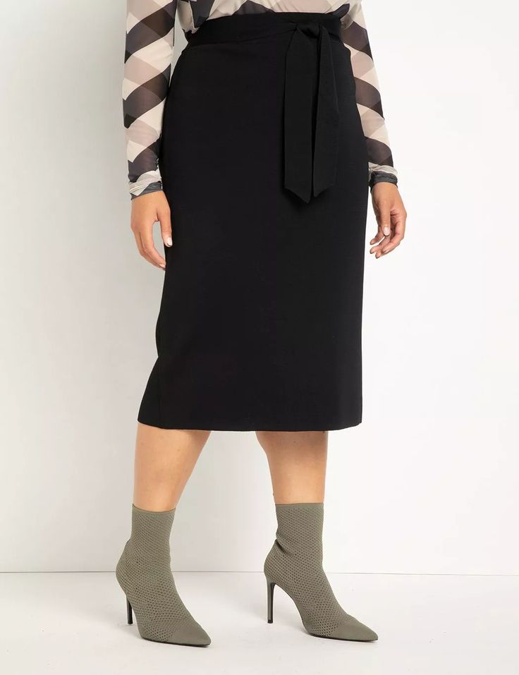 Tie Waist Midi Skirt | Women's Plus Size Skirts | ELOQUII Chic Fall Midi Pencil Skirt, Flattering Fitted Midi-length Skirt, Versatile Midi Length Relaxed Skirt, Knee-length Maxi Skirt For Workwear In Fall, Comfortable Versatile Midi Skirt, Belted Skirt For Workwear In Fall, Fitted Belted Skirt For Fall, Fall Relaxed Fit Lined Pencil Skirt, Belted Skirt For Fall Workwear