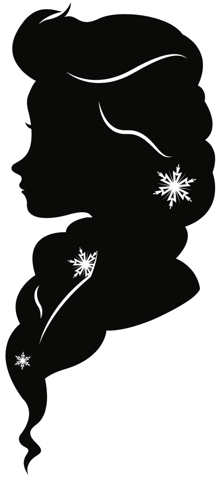 the silhouette of a woman's head with snowflakes on her hair