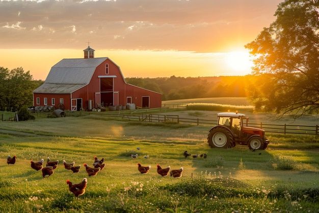 a farm with chickens and a tractor in the foreground, at sunset or dawn