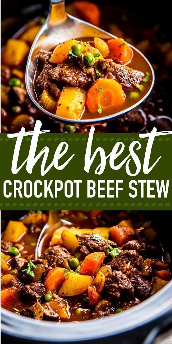 the best crockpot beef stew is shown in a slow cooker with a spoon