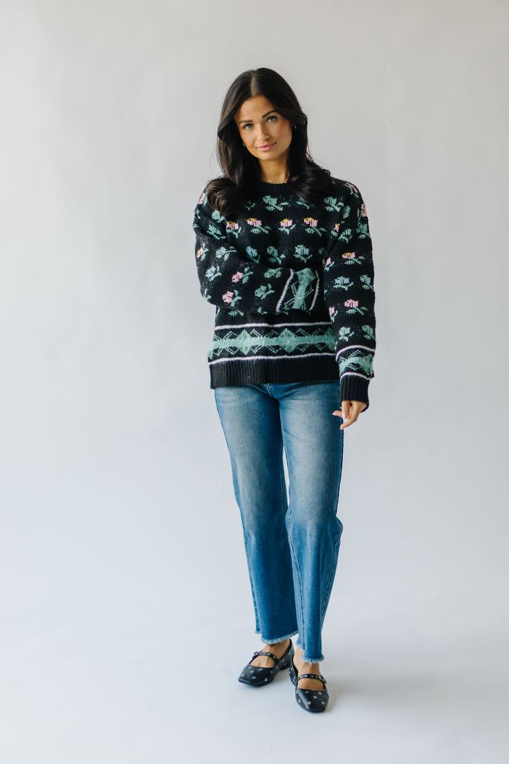 Wrap yourself in the whimsical charm of the Quinlan Floral Sweater. This midnight-colored sweater features a playful floral design, making it perfect for adding a touch of fun to your wardrobe. With its soft and cozy material, it's sure to keep you warm and stylish all season long. Details Model is wearing a small self/lining: 100% polyester Fabric Care Guide Here Sizing & Fit Measurements are approximate and taken while laying flat across the front. Not doubled. x-small: bust = 23"; length = 22 Piper And Scoot, Floral Sweater, Henley Tee, Pattern Sweater, Jeans Jumpsuit, Cardigan Jacket, Sweater Cardigan, Fabric Care, Denim Jeans