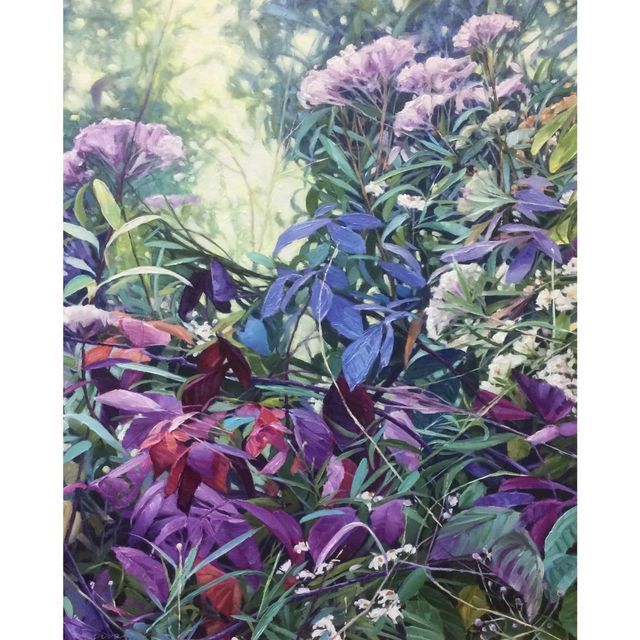 an oil painting of purple flowers and green leaves