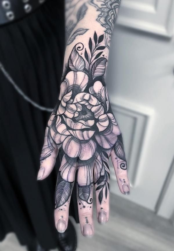 a woman's hand with black and white tattoos on it, holding out her hands