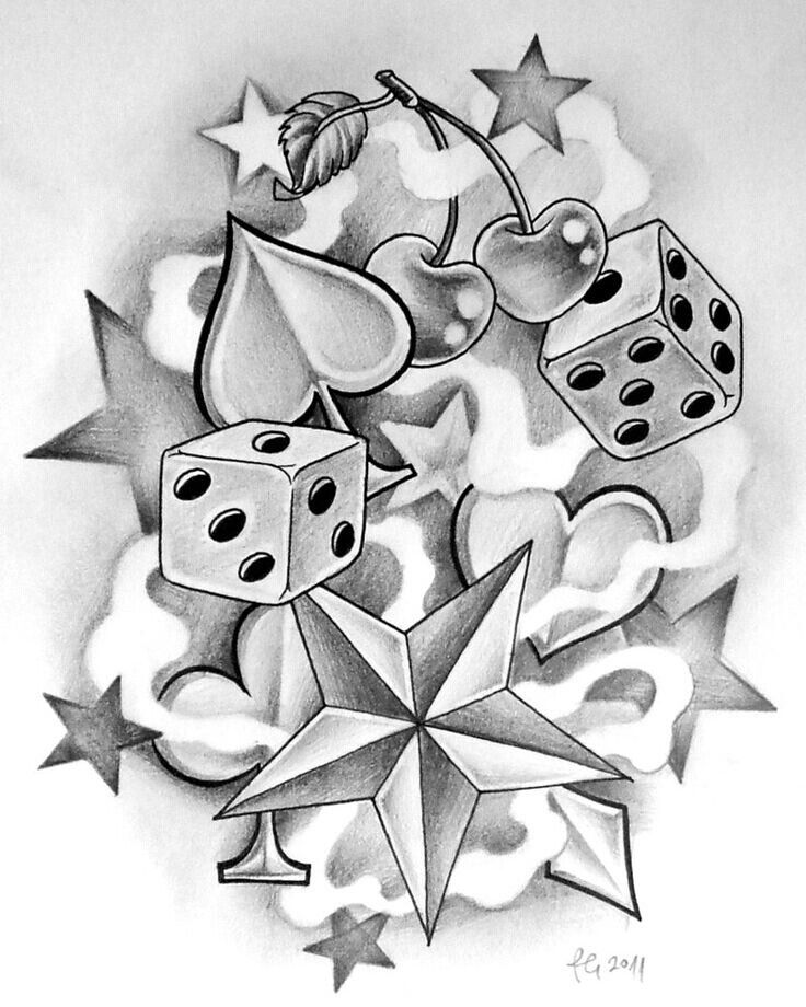 a drawing of dice, cherries and stars