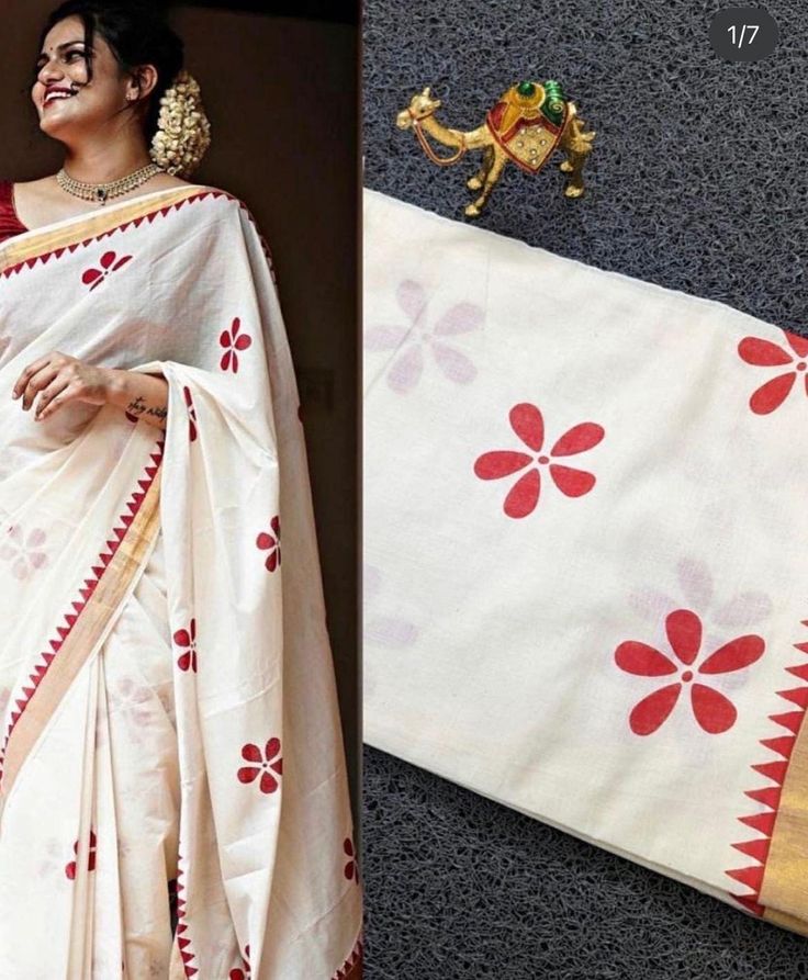 Kerala Kasavu floral print saree. Floral Printed Saree, Spring Floral Print Saree, Cotton Silk Saree With Floral Print, Designer Wear Dupatta With Block Print, Festive White Traditional Wear With Floral Print, Semi-stitched Floral Print Saree For Spring, Spring Bollywood Style Floral Saree, Cotton Silk Blouse Piece With Floral Print For Festivals, Floral Print Saree For Navratri