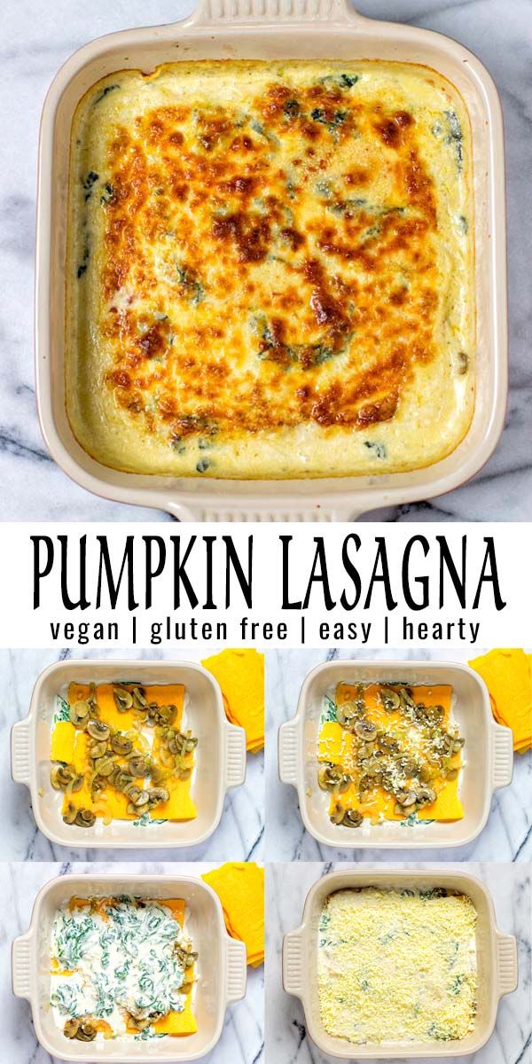 pumpkin lasagna in a casserole dish with spinach and cheese