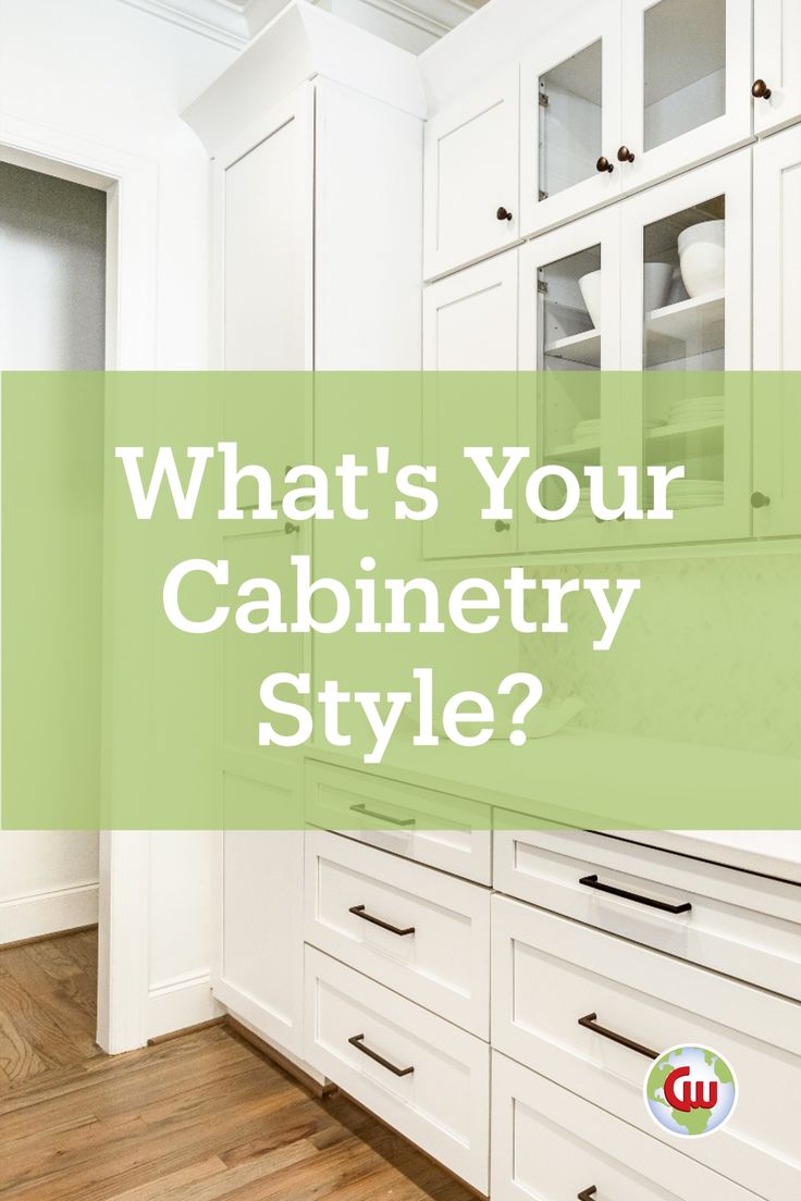 a kitchen with white cabinets and wood floors that says, what's your cabinetry style?