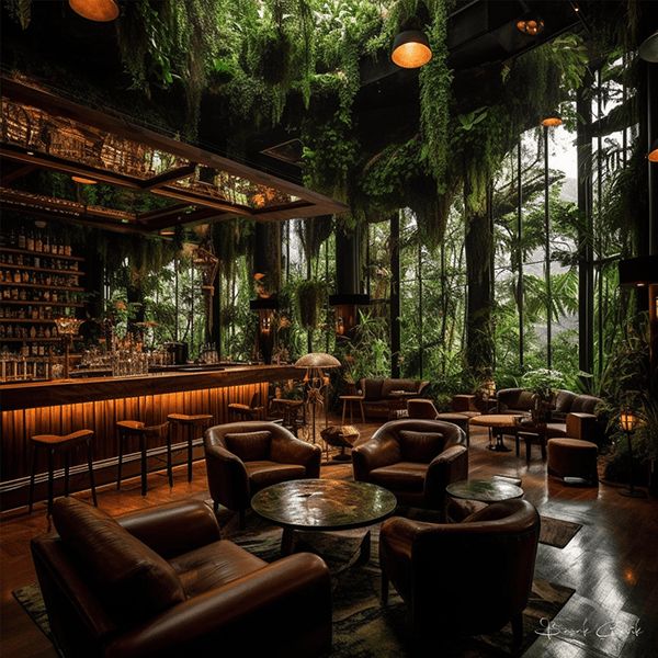 a bar with lots of leather chairs and plants growing on the walls