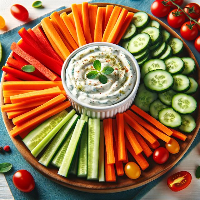 a platter filled with vegetables and dip