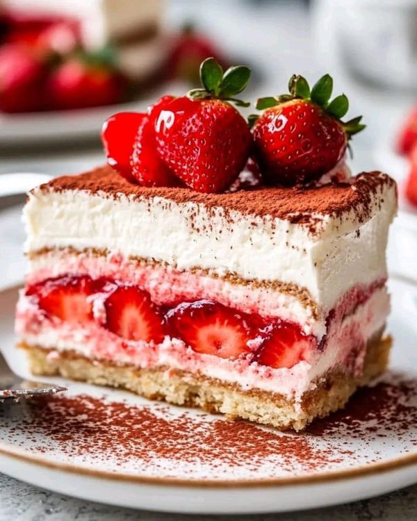 a piece of cake with strawberries on top