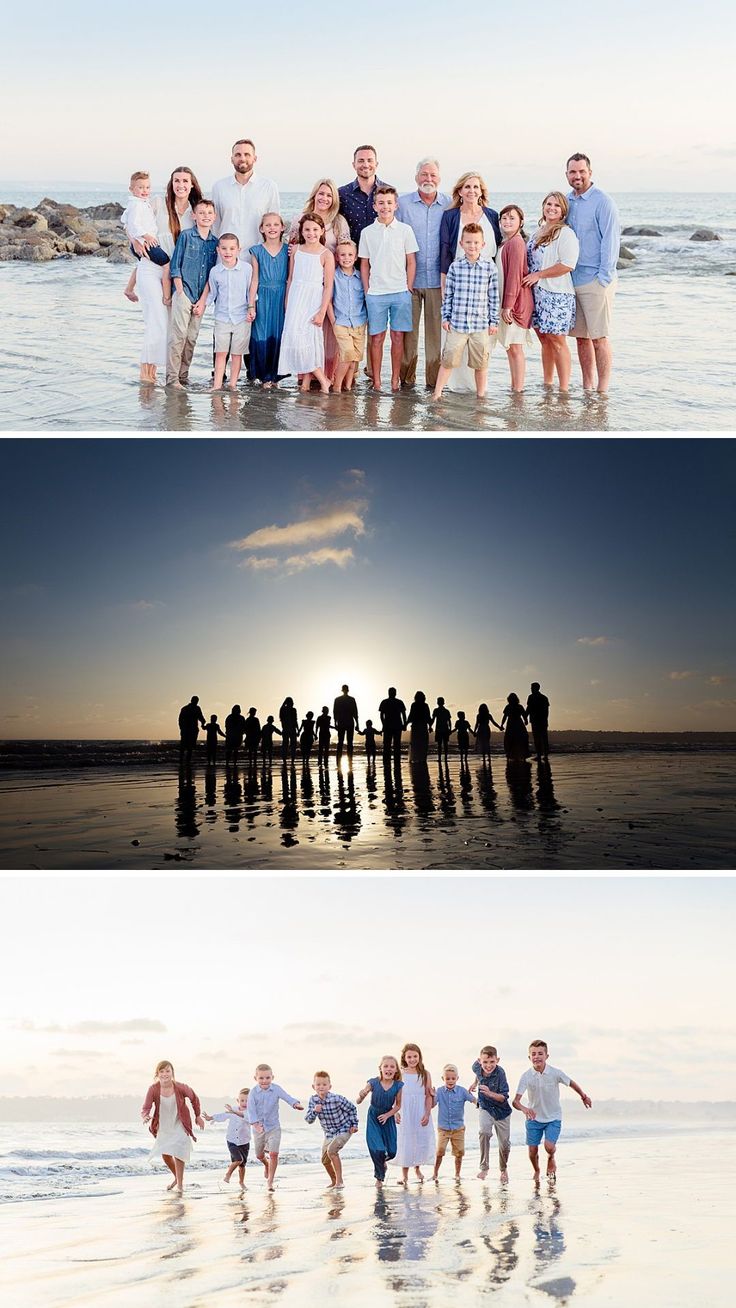 the family is posing for pictures on the beach at sunset and in the water with their children