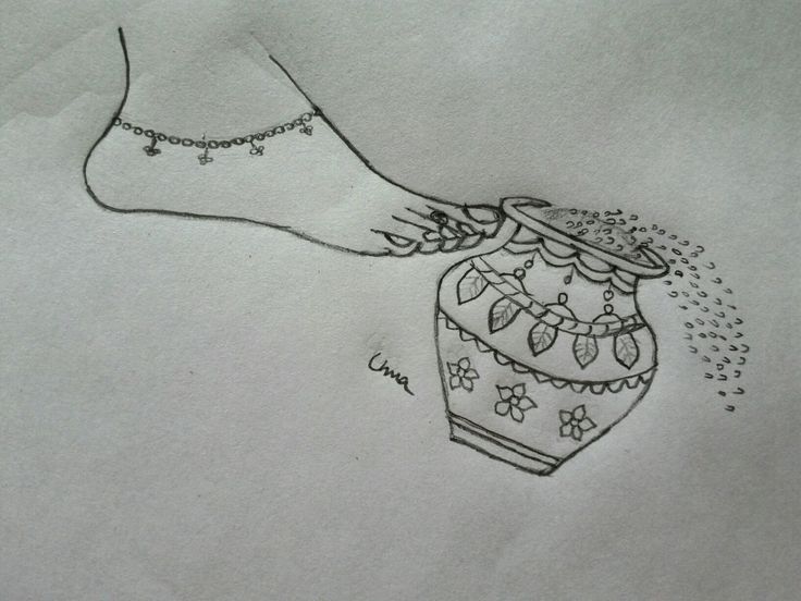 a drawing of a vase being sprinkled with sand by someone's foot