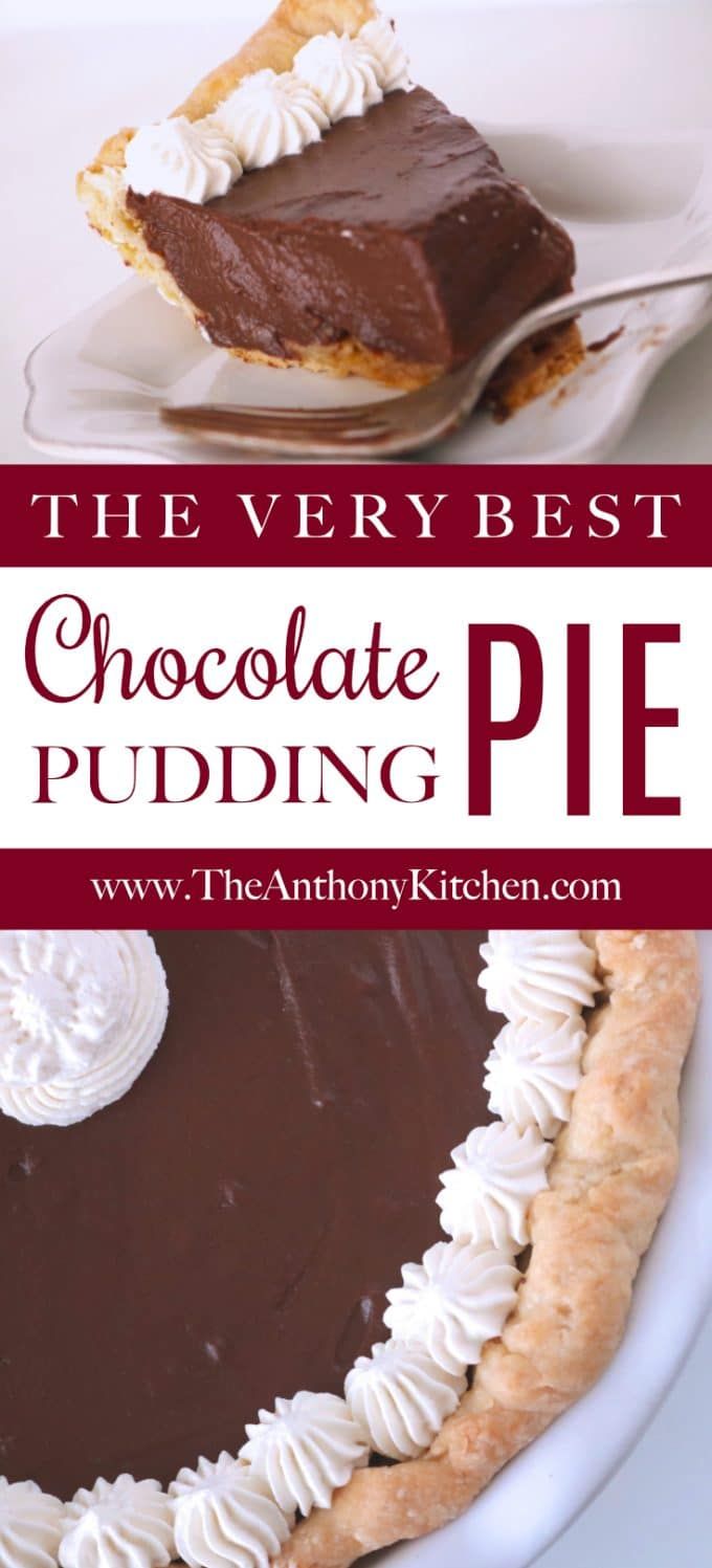 the very best chocolate pudding pie is ready to be eaten and served for desserts