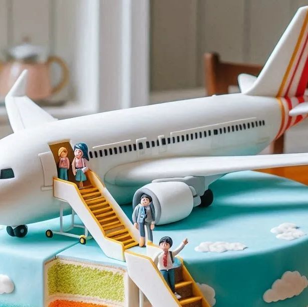 a cake with people standing on the stairs to an airplane that is painted blue and white