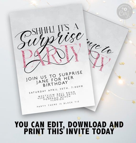 this is an image of a surprise party with pink and black lettering on the front