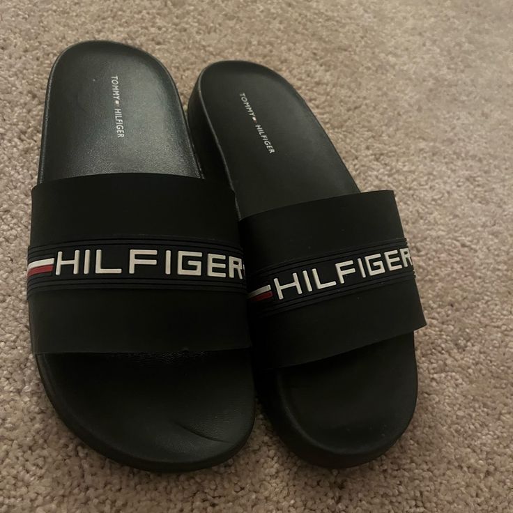 Brand New Size 8 Casual Tommy Hilfiger Sandals With Round Toe, Tommy Hilfiger Casual Sandals With Round Toe, Tommy Hilfiger Black Sandals For Spring, Casual Black Tommy Hilfiger Sandals, Tommy Hilfiger Black Open Toe Sandals, Black Synthetic Sandals By Tommy Hilfiger, Tommy Hilfiger Shoes, Black Flip Flops, Loafer Flats