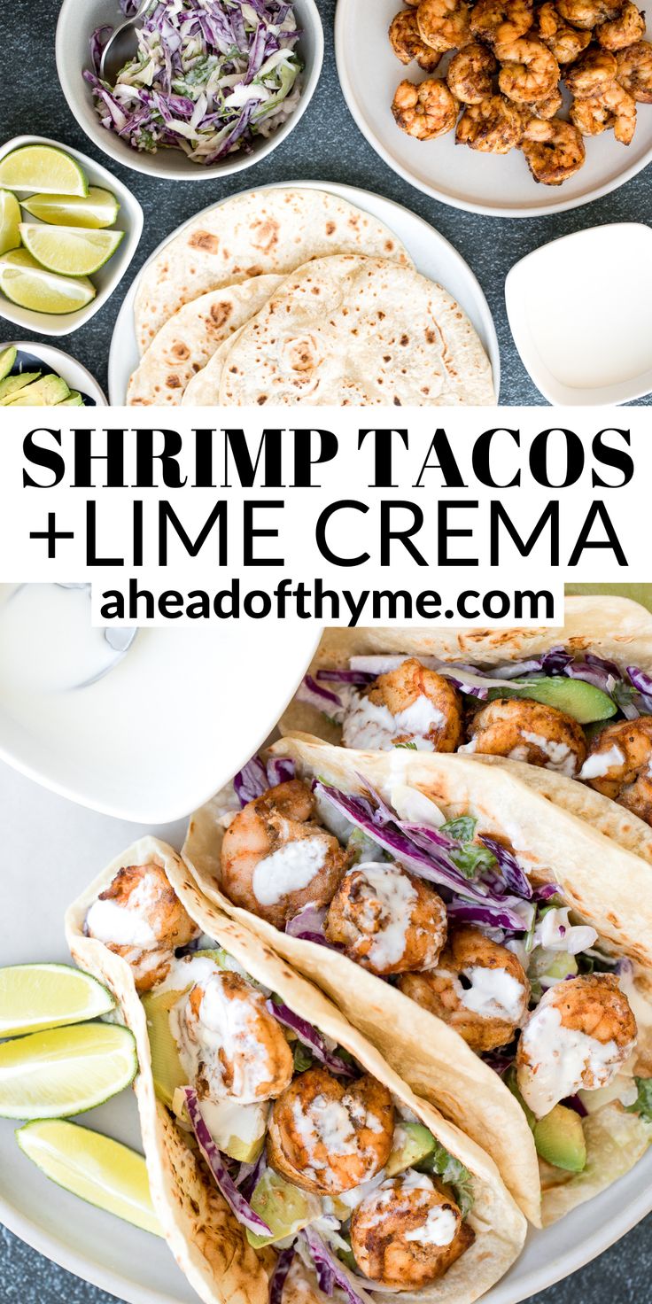 shrimp tacos and lime crema on a plate