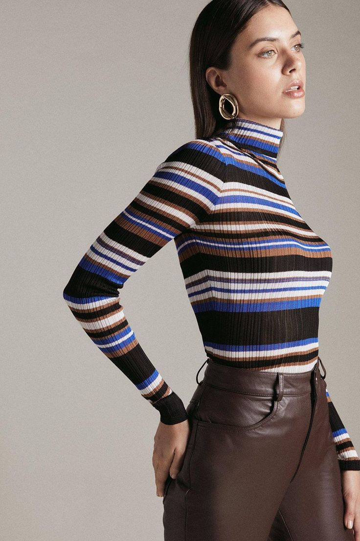 Multi Stripe Knitted Roll Neck Jumper Trendy Striped Stretch Sweater, Striped Turtleneck Sweater For Layering, Stretch Striped Ribbed Sweater, Casual Striped Turtleneck For Fall, Striped Knit Turtleneck Top, Chic Striped Fitted Sweater, Striped Stretch Sweater For Fall, Fitted Tops With Vertical Stripes For Fall, Fitted Vertical Stripes Top For Fall