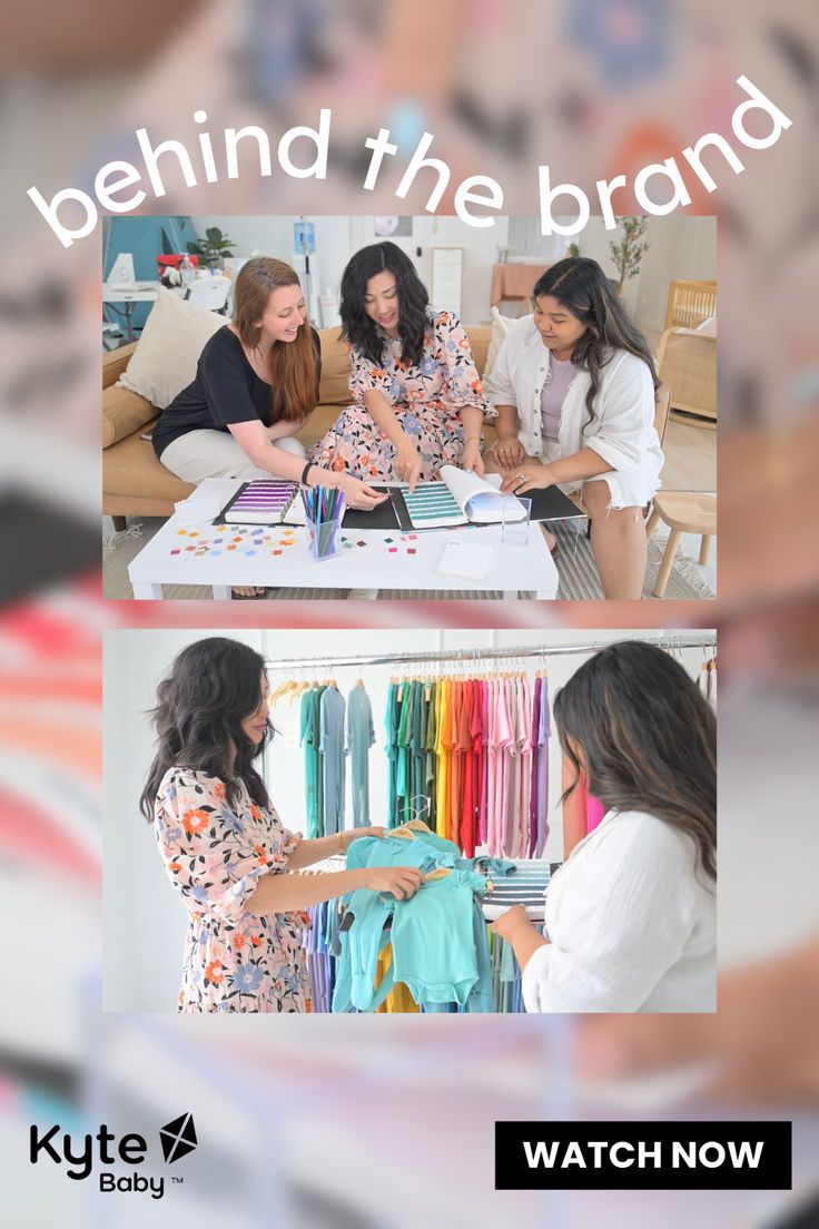 three women are sitting at a table with clothes on it and the caption behind them reads, behind the brand