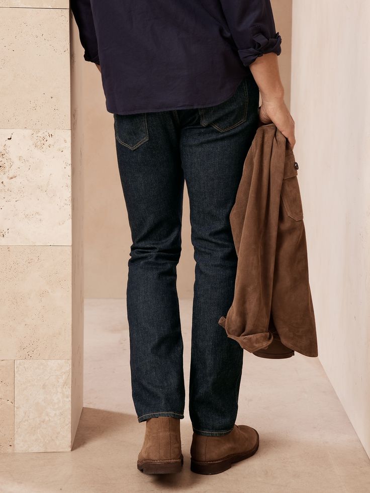 ORGANIC DENIM: Soft and a little stretchy, this denim is made with certified, organically grown cotton that's easier on the earth by Italy's Candiani mill.  JEANS REDESIGN: We've partnered with the Ellen MacArthur Foundation's Jeans Redesign challeng Relaxed Fit Selvedge Jeans For Fall, Dark Wash Denim Jeans For Casual Gatherings, Everyday Straight Fit Cotton Jeans, Straight Leg Bottoms For Everyday Fall Use, Fall Denim Jeans For Everyday Use, Casual Straight Leg Bottoms In Dark Wash, Everyday Dark Wash Straight Fit Jeans, Everyday Selvedge Bottoms For Fall, Fall Selvedge Jeans For Everyday