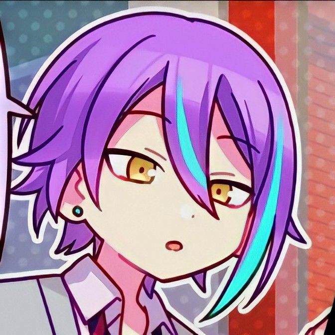 an anime character with purple hair and blue eyes looking at something in front of her