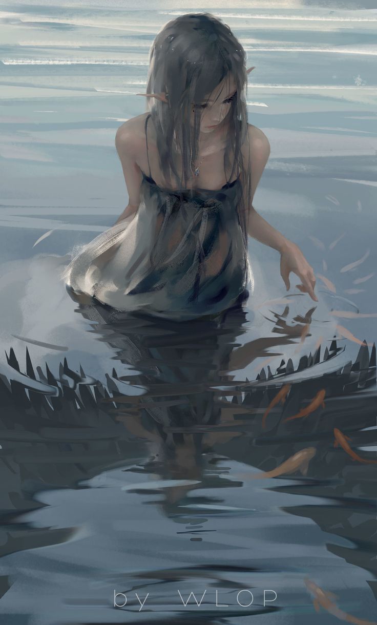 a painting of a woman sitting in the water with her head above the water's surface