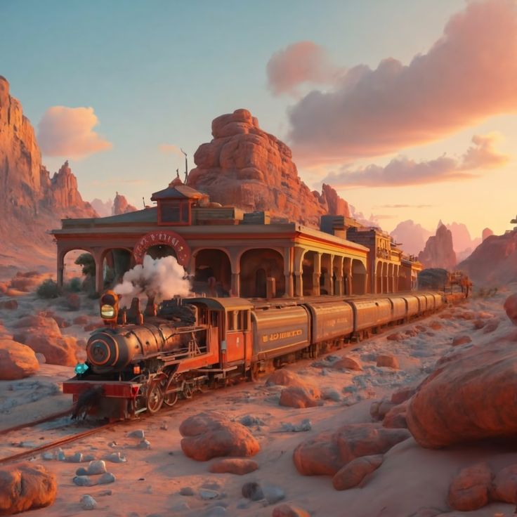 a train traveling through a desert covered with rocks and boulders next to a small building