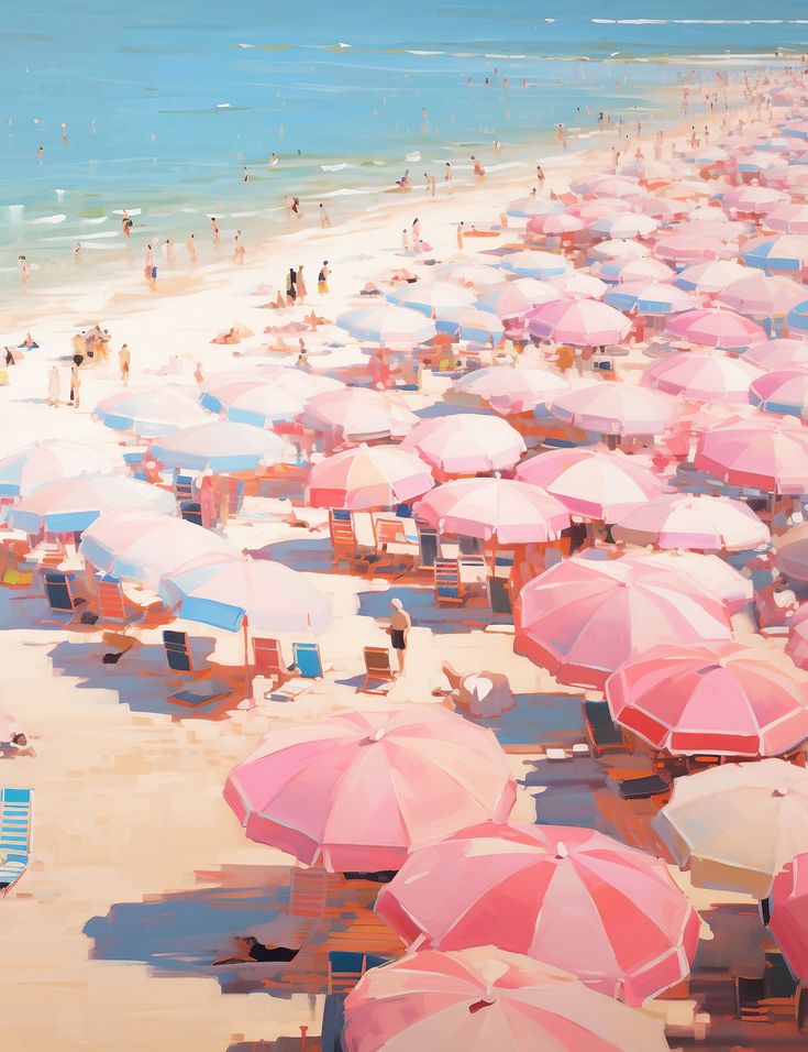 many pink and white umbrellas are on the sand at the beach as people swim in the water