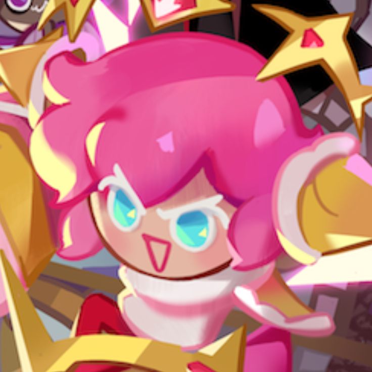 a cartoon character with pink hair and stars on her head, holding a gold star