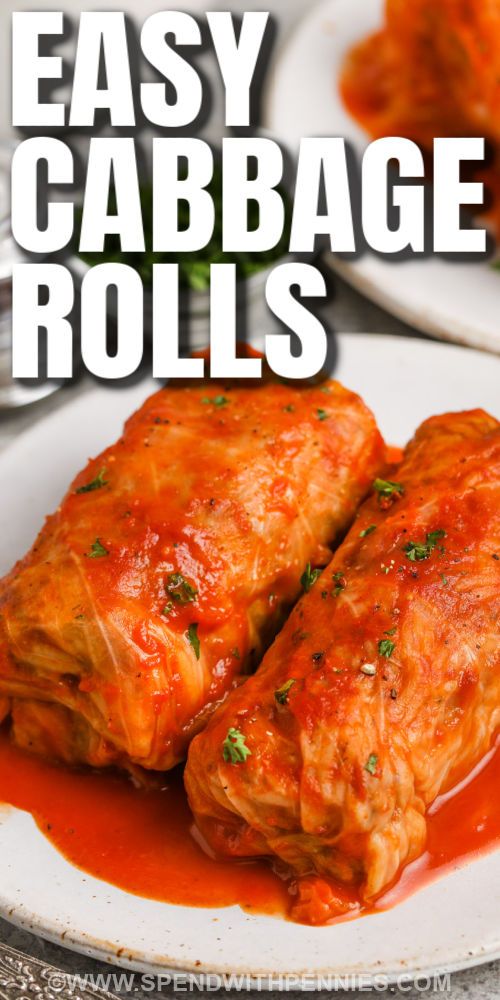 easy cabbage rolls on a white plate with sauce and parsley in the background text reads easy cabbage rolls